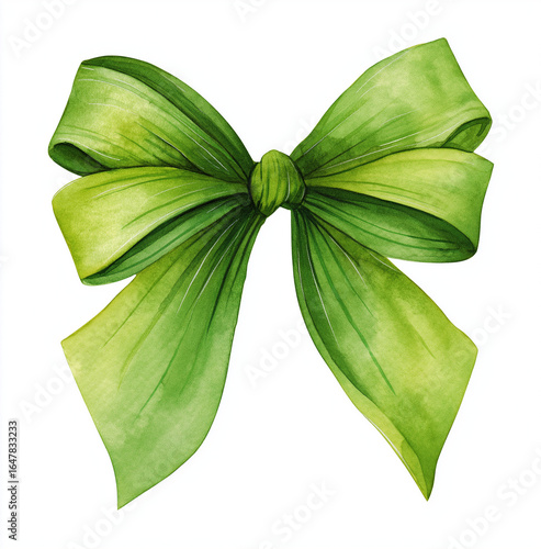 A watercolor illustration of a green bow on a white isolated background