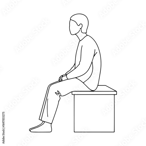 A simple line drawing of a person sitting on a bench, side profile view. This iconic and minimalist graphic can be used to bring a clean and modern feel to a website, app, or print design.