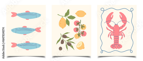 set of minimalist summer posters in a Mediterranean style with seafood, lemons, olives, and tomatoes. Fish, a composition of lemons, olives, and tomatoes, and a red lobster framed by wavy lines