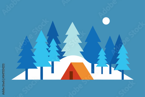 Flat Design Camping In Snowy Forest