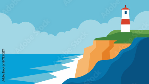 Flat Coastal Cliffs With Ocean Waves And Lighthouse