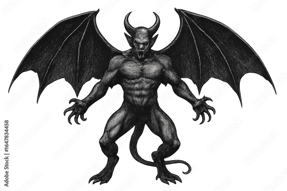 Fototapeta premium Scary devil showing claws and teeth spreading wings on transparent background