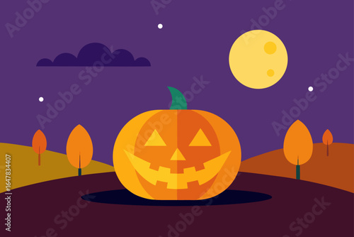 Flat Design Halloween Pumpkin Field With Moon