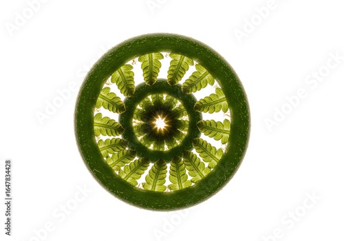 Closeup of a green plant crosssection showing intricate circular pattern isolated on white background