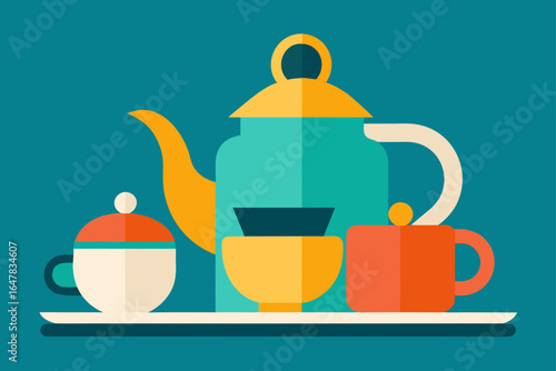 flat design tea time teapot cups