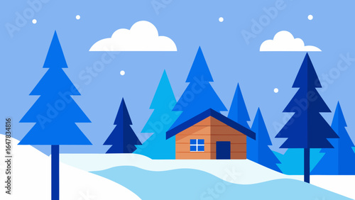 flat design winter forest with cabin