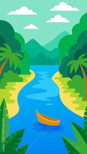 flat tropical rainforest river canoe