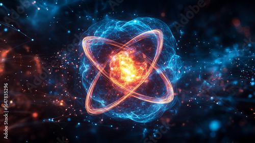 Unstable atom nucleus with spinning electrons on tech background.