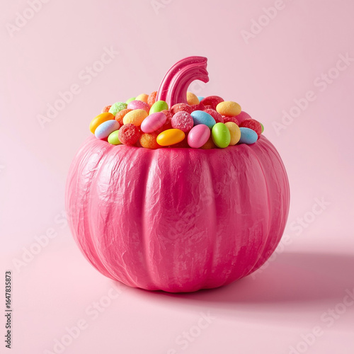 Pink pumpkin full of candy isolated on soft pink background