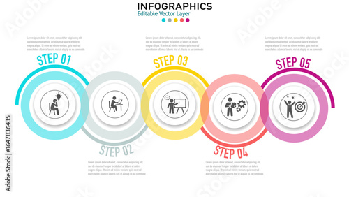 Infographic template for business process with 5 steps, options, and icons. Used for presentations, workflow, or marketing design.