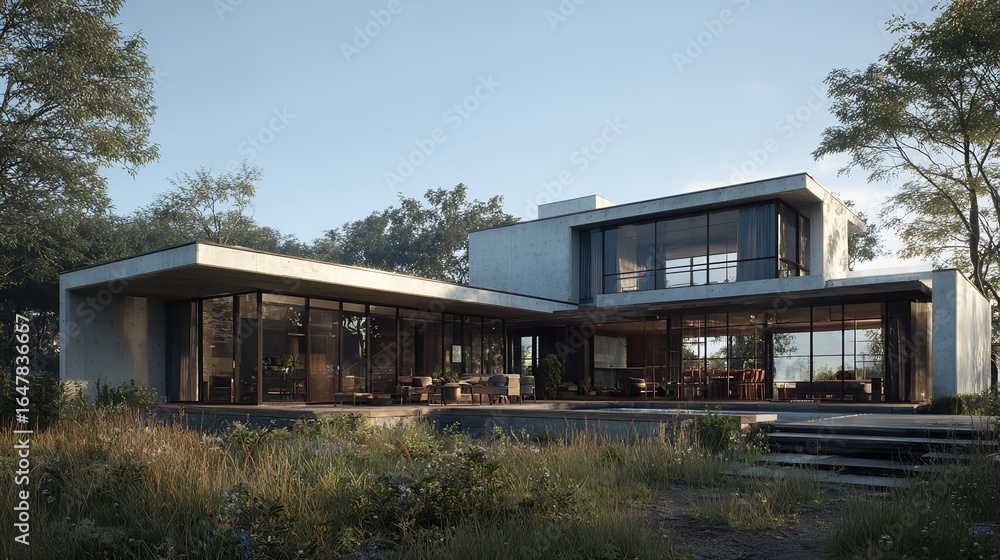 Obraz premium Serene architectural home blending nature and modern design with vast on transparent background