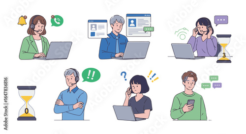 Various illustration of the customer support representatives at work. 