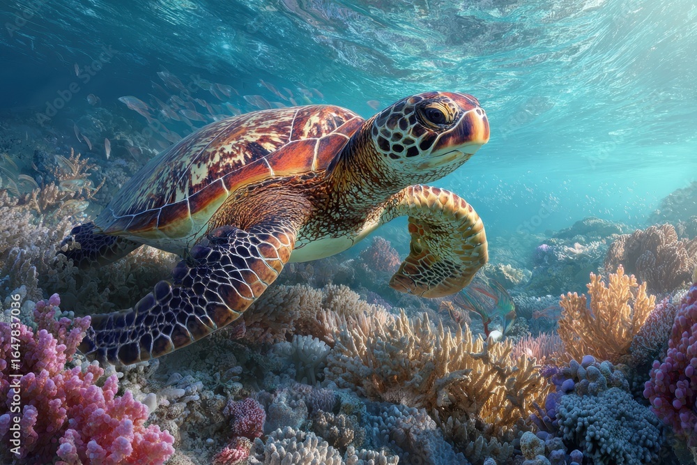 Fototapeta premium Sea turtle gracefully swimming over vibrant coral reef under clear azure waters in a tropical environment during daylight hours