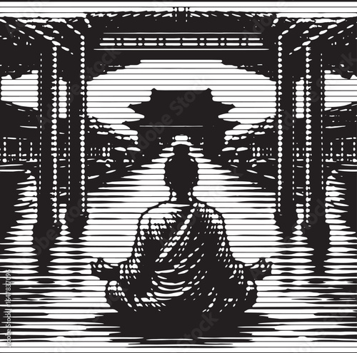 Serene person meditating in a temple black color lined effect engraving illustration artwork