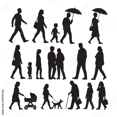 Urban Pathways: A collection of diverse individuals navigating the cityscape. Each silhouette embodies movement, intent, and the rhythm of everyday life.