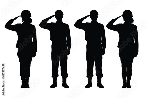 Silhouette of man and women solders giving salute