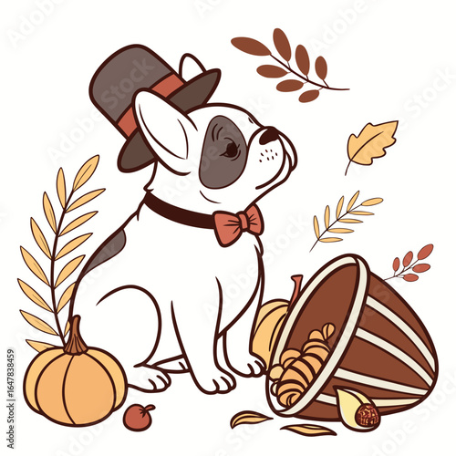 Cute SVG of a Mischievous French Bulldog in Harvest Blessings colors, featuring wearing a bowtie in a Thanksgiving setting