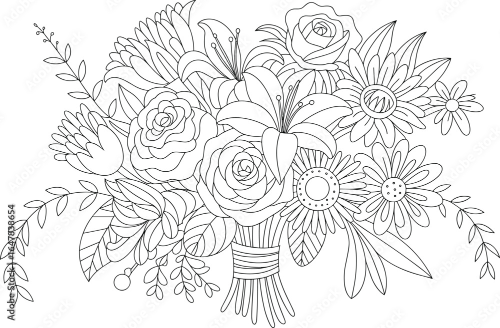 Fototapeta premium Intricate black and white line art illustration of a lush floral bouquet