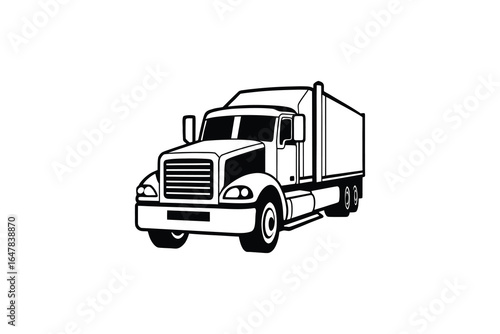 Semi truck illustration in black and white with trailer silhouette