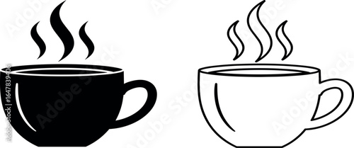 Elegant Vector Icons Featuring Steaming Hot Beverage Mugs, One Solid and One Outline, Perfect for Coffee, Tea, and Cafe Designs, Illustrating Warmth and Comfort in a Simple Aesthetic.