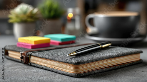 Wallpaper Mural Clean desk setup featuring open notebook with pen, sticky notes, and coffee in a cozy workspace Torontodigital.ca