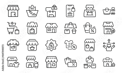 24 E-commerce and Shopping Line Icons Online Store, Delivery, Discount, Order Tracking, Product Rating, Inventory, Mobile Shopping, Payment, and Customer Review Vector Icon Set
