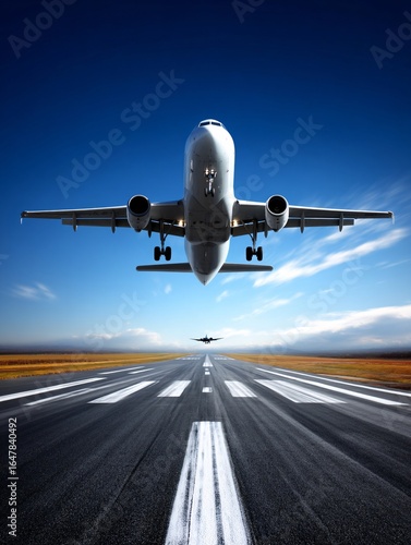airport runway stretching into the distance under clear blue sky, aircraft preparing for takeoff in the far background, strong perspective lines, daytime scene with clean tarmac and visible 