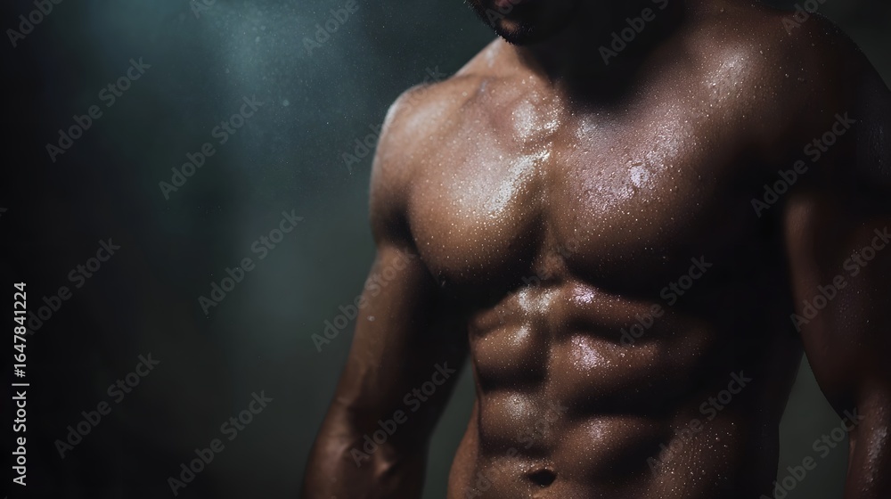 Fototapeta premium Muscular male torso with defined abs in a gritty gym setting