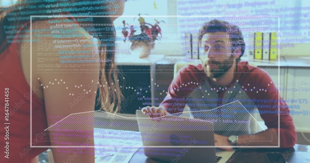 Man typing laptop activating code overlay for coworker examining ...