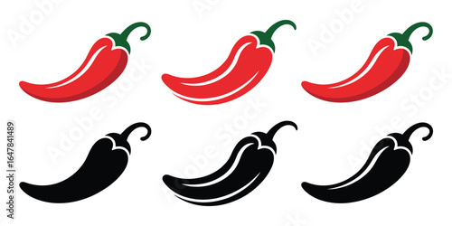 A collection of hot chili pepper icons in red and black silhouette styles. Vector set for spicy food and mexican cuisine.