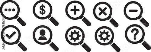 Magnifying glass icon set for search functions, including zoom, find user, settings, finance, and help symbols for user interface.