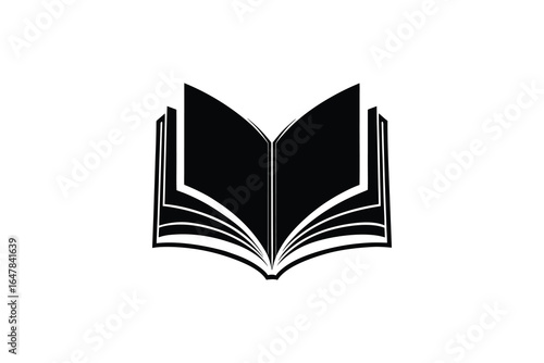 A black and white illustration of an open book with pages silhouette