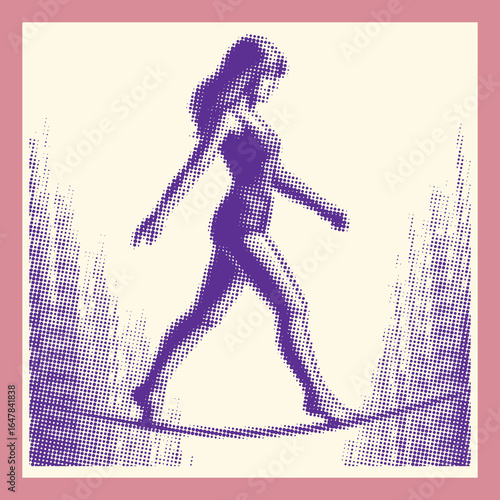 Tightrope Walker Halftone Art A beautiful digital vector design of a woman performing a balancing act, rendered in a vintage blue halftone style.