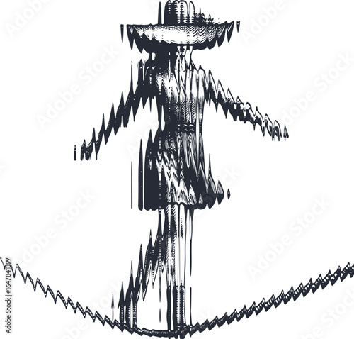 Glass glitch effect rough texture monochrome engraving of a woman walking on a tightrope minimalist black illustration