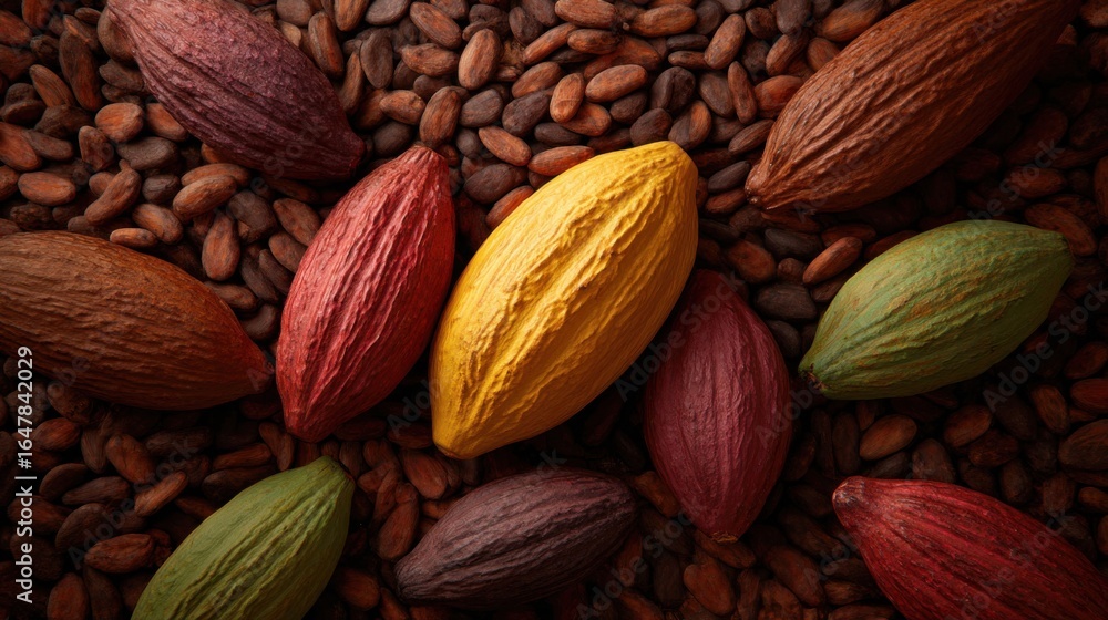 Fototapeta premium Close-Up View of Cocoa Pods and Beans with Rich Textures and Colors