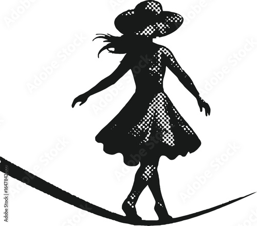 Template dot halftone decor digital art of a woman walking on a tightrope in black color minimalist style