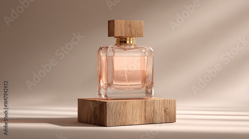 Perfume bottle stands on wooden block.  Elegant, luxury fragrance shot for marketing, product presentation, design element, web use.