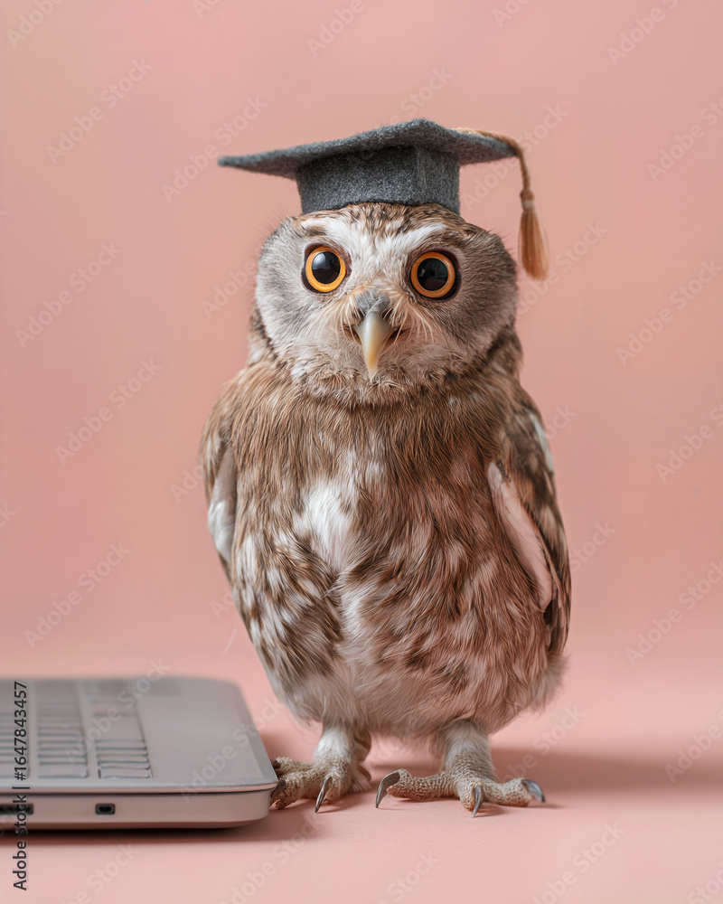 Naklejka premium Owl wearing a graduation cap standing by a laptop on a pastel pink background