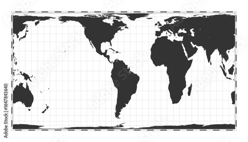 Vector world map. Cylindrical equal-area projection. Plain world geographical map with latitude and longitude lines. Centered to 60deg E longitude. Vector illustration.