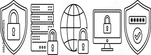 Protecting Digital Data Security, Encryption, and Cybersecurity Measures with Padlocks and Shields