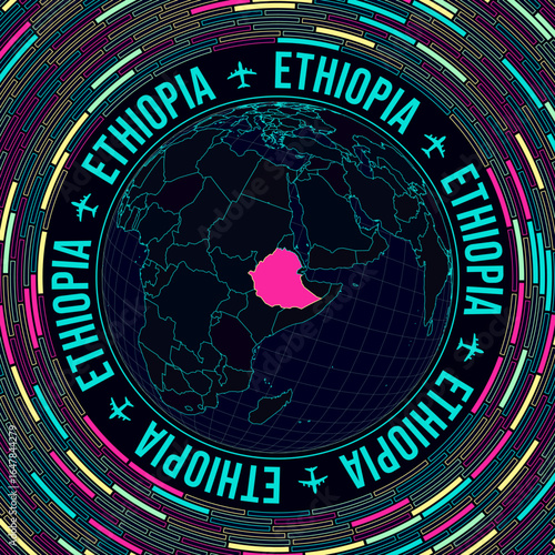 Ethiopia on globe. Satelite view of the world centered to Ethiopia. Bright neon style. Futuristic radial bricks background. Stylish vector illustration.