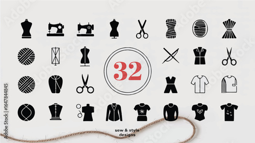 Black and white sewing icons and clothing designs sewing machine mannequin