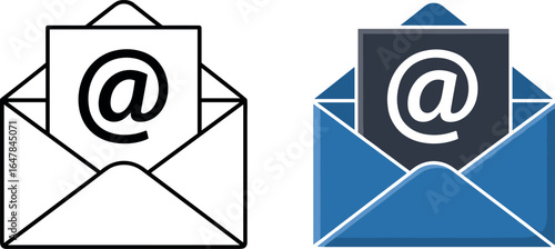 Modern digital communication icon set featuring an open envelope with an at symbol, representing email, inbox, and online messaging for web and app interfaces.