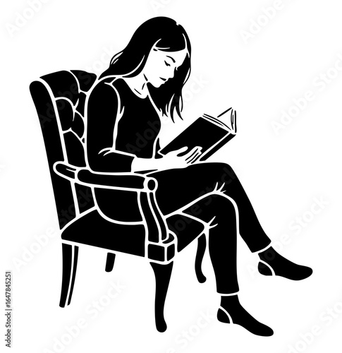  Minimal Flat Vector Female Reader Sitting with Open Book