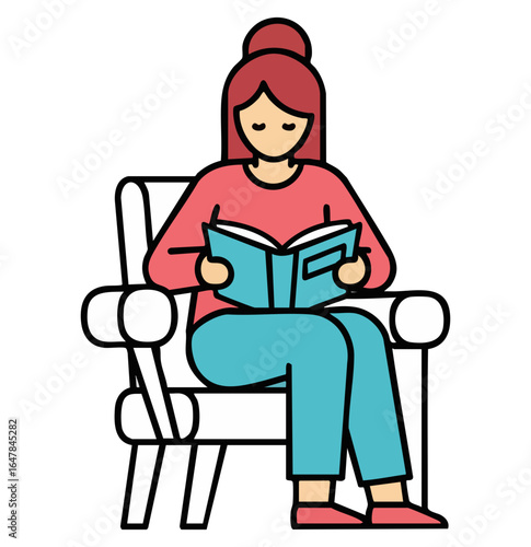  Minimal Flat Vector Female Reader Sitting with Open Book