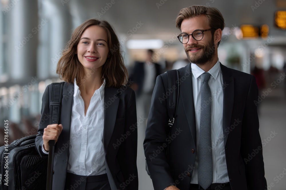 Fototapeta premium Business professionals walk together in an airport terminal discussing plans before departure to an important meeting or conference