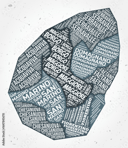 San Marino regions word clouds. Country shape on textured background. San Marino design in typographic style. Stylish vector illustration.