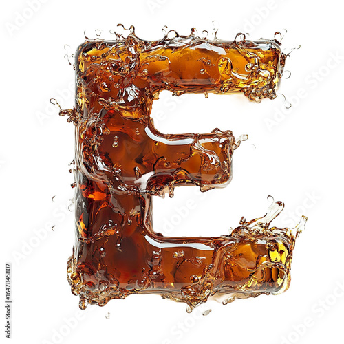 Top view of a 3D letter E made of a splash of cola isolated on a white transparent background