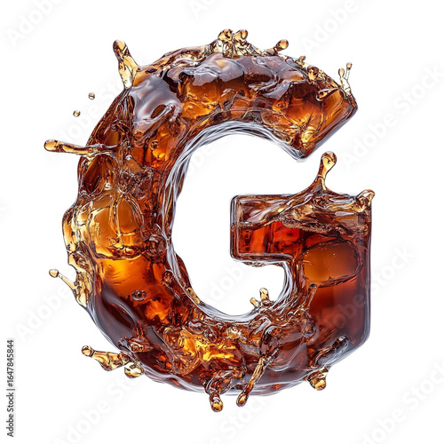 Top view of a 3D letter G made of a splash of cola isolated on a white transparent background
