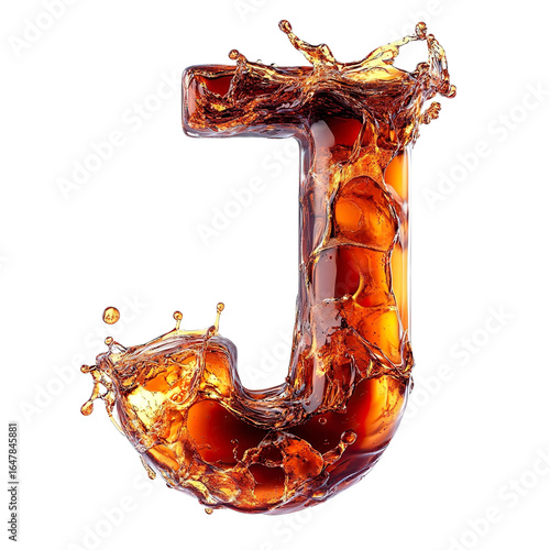 Top view of a 3D letter J made of a splash of cola isolated on a white transparent background